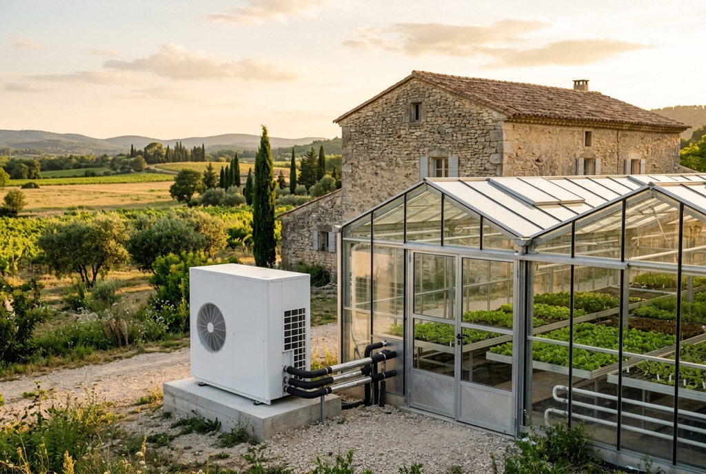 Serre horticole en verre près d'un mas en pierre, avec une pompe à chaleur air/eau posée sur un socle