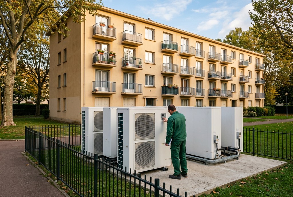 Immeuble de logements collectifs avec, au premier plan, des pompes à chaleur collectives contrôlées par un technicien