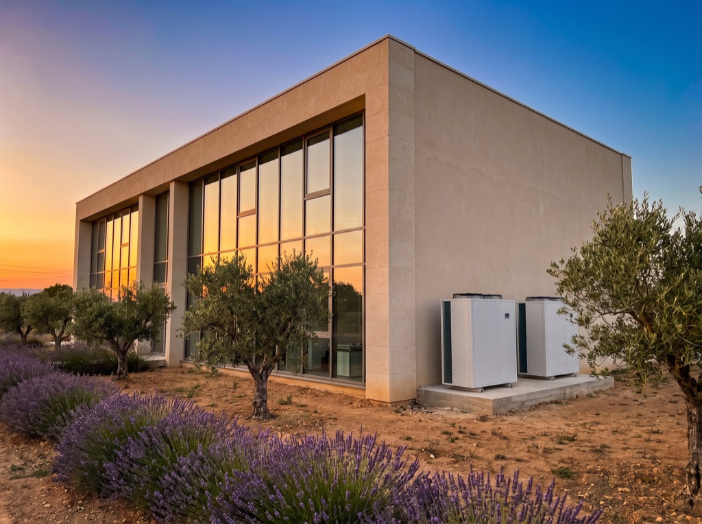 Bâtiment tertiaire moderne au coucher du soleil, avec deux pompes à chaleur contre la façade et des oliviers