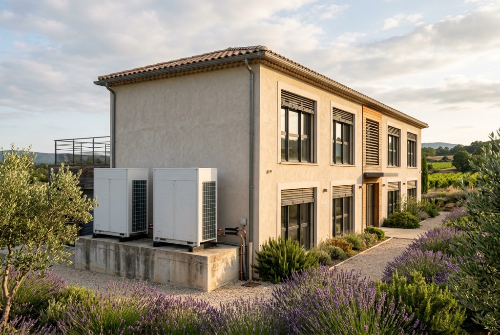 Bâtiment de bureaux en pierre claire avec deux pompes à chaleur air/eau sur un socle, entouré de lavande et d'oliviers