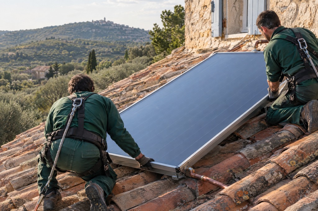Deux installateurs en tenue verte fixent un capteur solaire thermique sur un toit en tuiles